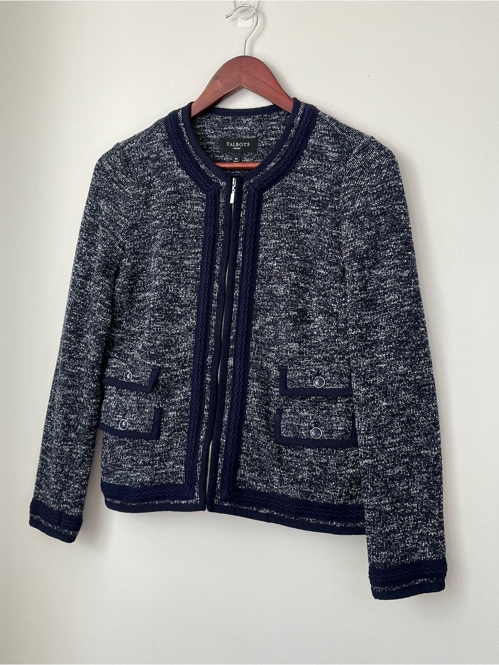 Talbots Women’s 6P Navy White Faux Tweed Full Zip Blazer Jacket Braided Trim